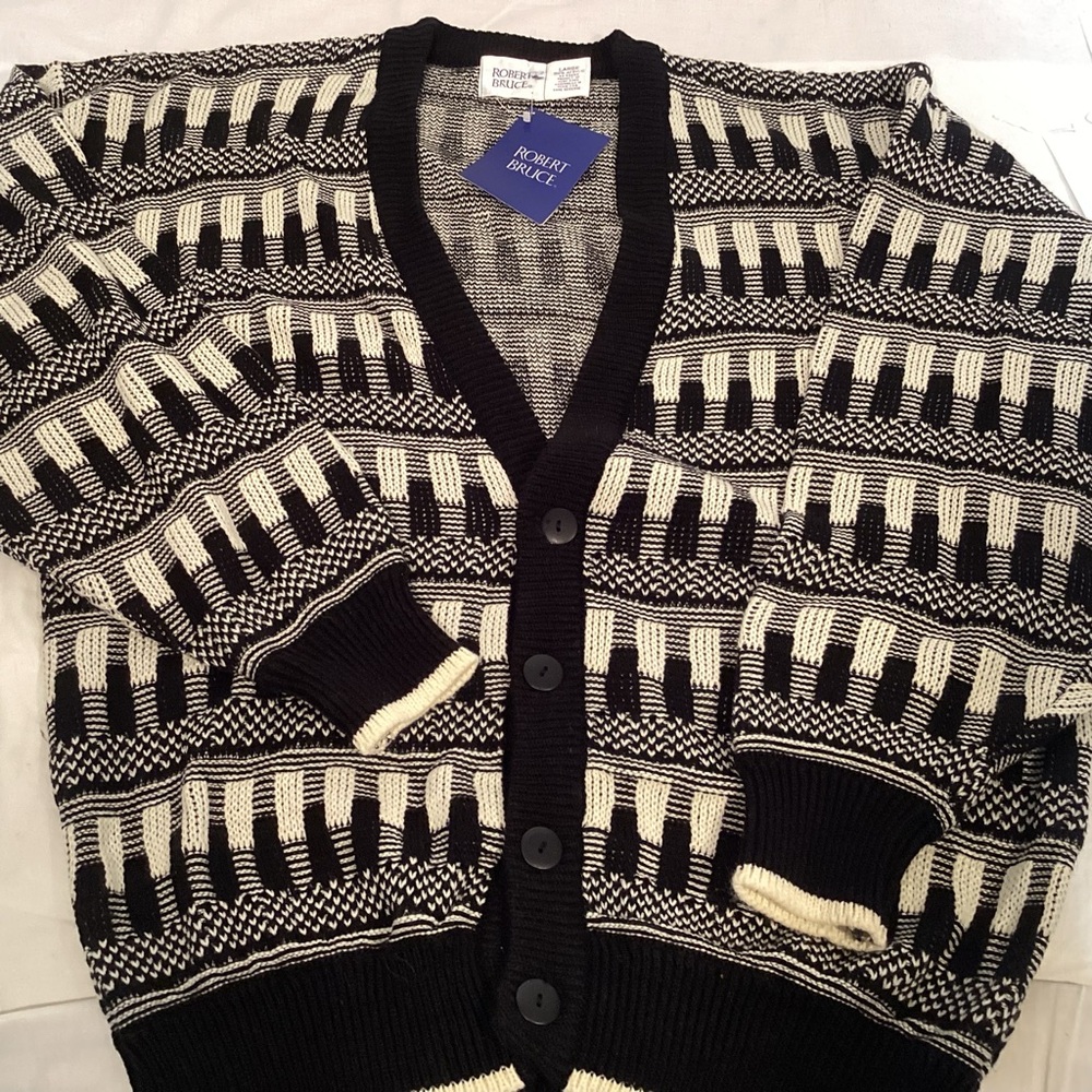 NWT Robert Bruce Vintage 90s Black and White Men's Cardigan Sweater Size Large